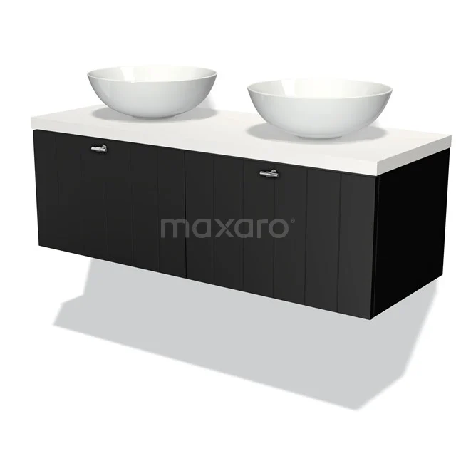 Black floating bathroom unit with double white ceramic vanity units for countertop wash basins, modern design, ideal for a stylish bathroom.