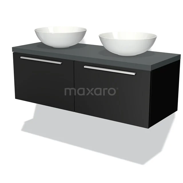 Schwarze Badmöbelset mit matter Oberfläche, graue Platte und doppelten weißen Aufsatzwaschbecken, modernes Design.