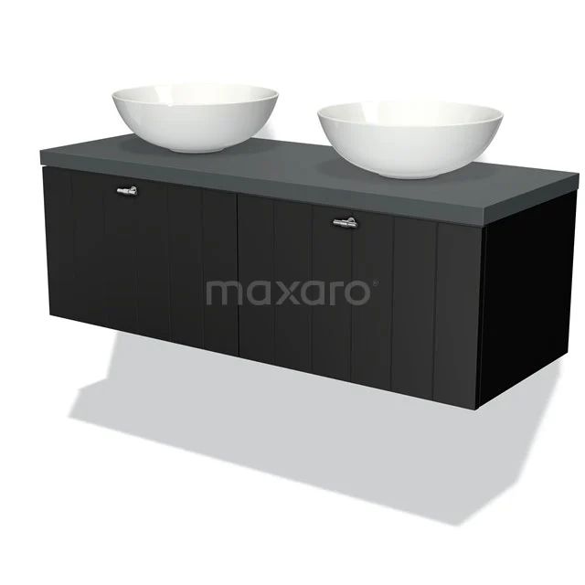 Modulo Plato Vanity units for countertop basin | 120 cm Matte black Slat front Dark grey worktop 2 Side-by-side drawers BMK12-00111 Black bathroom furniture set with double ceramic countertop wash basins, modern floating cabinet in matte finish.
