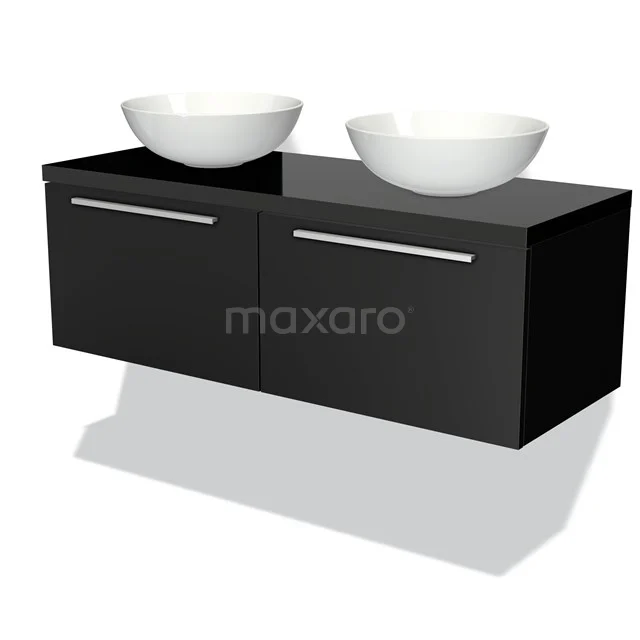 Modulo Plato Badmöbel mit Aufsatzwaschbecken | 120 cm Matt Schwarz Flach front Hochglanz Schwarz blatt 2 nebeneinanderliegende Schubladen BMK12-00113 Schwarzes Holz-Badmöbel mit zwei Waschbecken; schlichtes Design, ideal für ein modernes Badezimmer.
