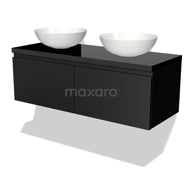 Modulo Plato Vanity units for countertop basin | 120 cm Matte black Handle-less front High-gloss black worktop 2 Side-by-side drawers BMK12-00115