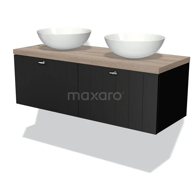 Modulo Plato Vanity units for countertop basin | 120 cm Matte black Slat front Oak worktop 2 Side-by-side drawers BMK12-00117 Black floating bathroom unit with wooden worktop and double white vanity units for countertop wash basin, modern design for stylish bathrooms.