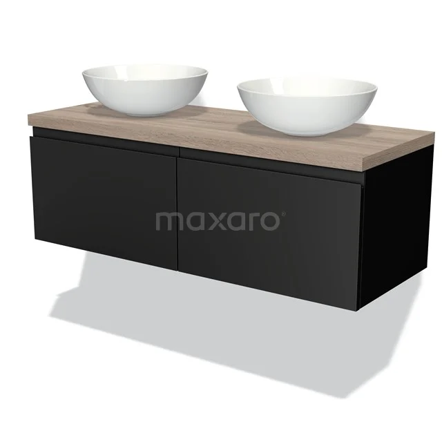 Schwarzes Badmöbel mit Holzplatte und zwei runden weißen Aufsatzwaschbecken, modernes Design ideal für einen stilvollen Badezimmerstil.