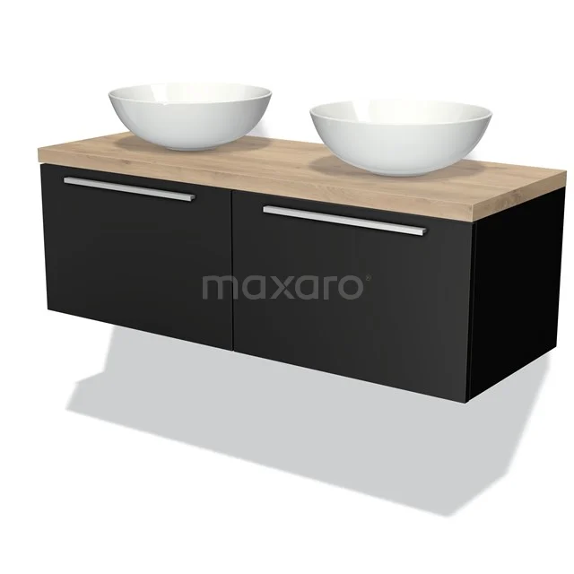 Modulo Plato Vanity units for countertop basin | 120 cm Matte black Flat front Light brown oak worktop 2 Side-by-side drawers BMK12-00122