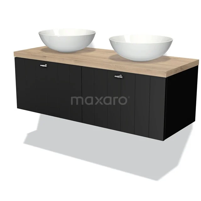 Floating bathroom unit, black with wood-look worktop, double white vanity units for countertop wash basins, modern design for stylish bathrooms.