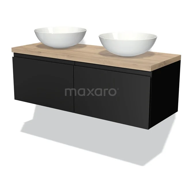 Schwarze schwebende Badmöbel mit Holzplatte und zwei weißen Aufsatzwaschbecken, modernes Design für stilvolle Bäder.