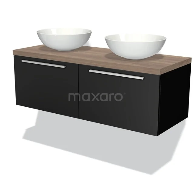 Badmöbelunterschrank mit Konsole 120cm Modulo Plato Matt Schwarz 2 Schubladen Flach Mittelbraune Eiche Platte BMK12-00125 Zwevende schwarze Badmöbelset mit zwei weißen Aufsatzwaschbecken und einer Holzplatte, ideal für ein modernes Badezimmer.