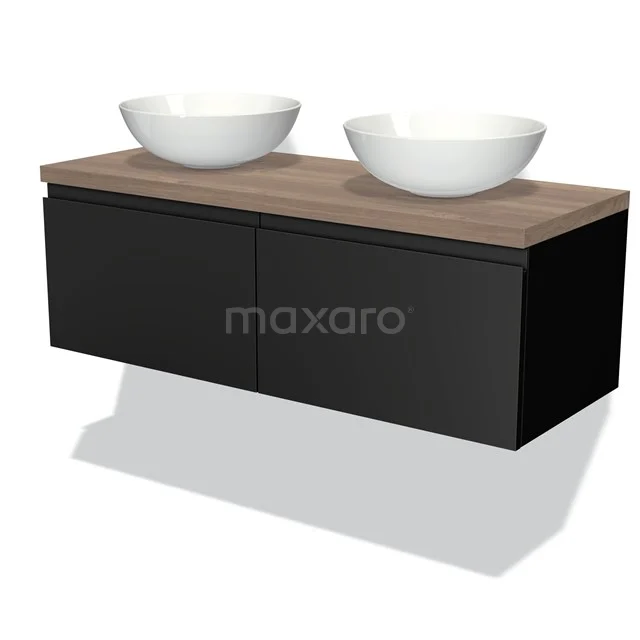 Badmöbel für Aufsatzwaschbecken 120cm Modulo Plato Matt Schwarz 2 Schubladen Grifflos Mittelbraune Eiche Platte BMK12-00127 Schwarzes schwebendes Badmöbel mit Holzplatte und zwei weißen runden Aufsatzwaschbecken, modernes Design für stilvolle Bäder.
