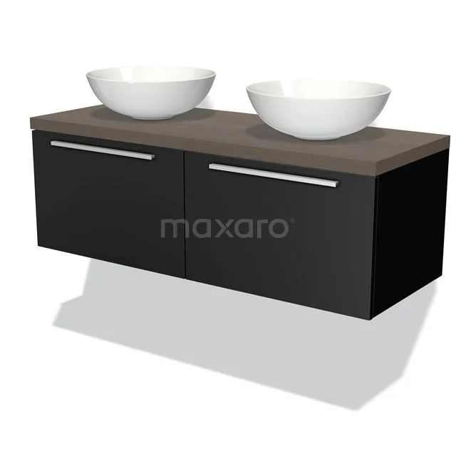 Black floating bathroom cabinet with wood-look worktop and two white top washbasins, modern design for a stylish bathroom.