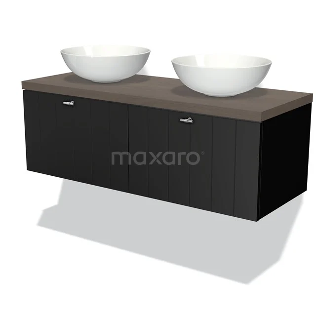 Black bathroom furniture set with double white countertop wash basins, wooden worktop and minimalist design, ideal for a modern bathroom.