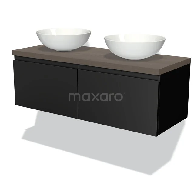 Black hanging bathroom cabinet with wood-look worktop, two round white countertop wash basins; modern design for stylish bathrooms.