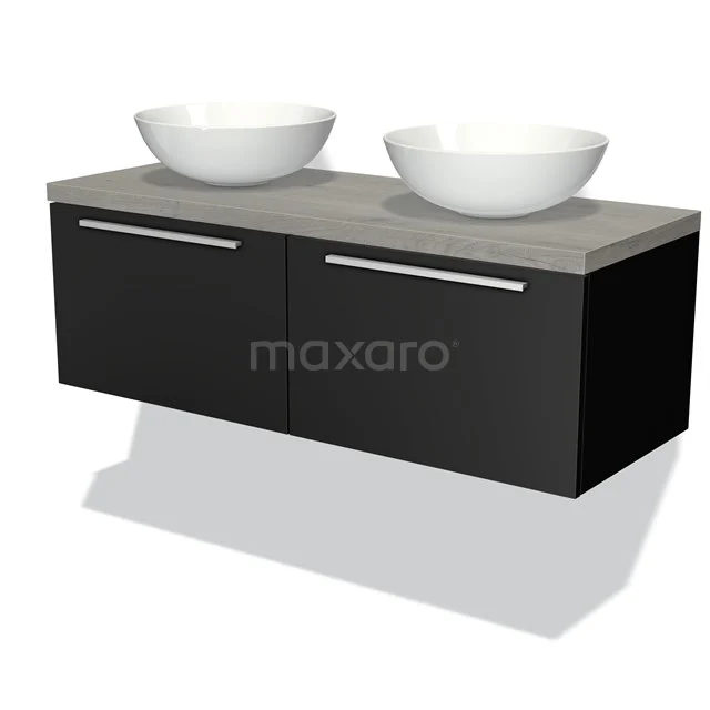 Modulo Plato Vanity units for countertop basin | 120 cm Matte black Flat front Grey oak worktop 2 Side-by-side drawers BMK12-00131