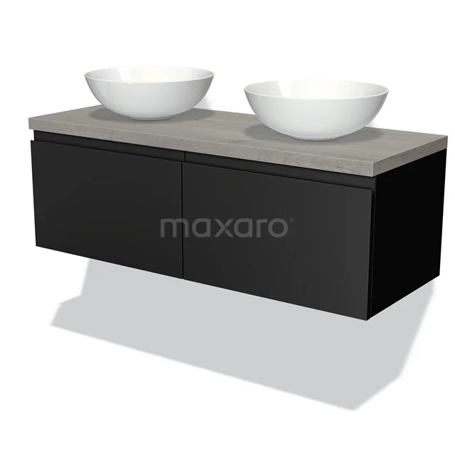 Badmöbel für Aufsatzwaschbecken 120cm Modulo Plato Matt Schwarz 2 Schubladen Grifflos Graue Eiche Platte BMK12-00133 Schwarze hängende Badmöbelset mit keramischen Aufsatzwaschbecken und einer Betonlook Platte, ideal für ein modernes Badezimmer.