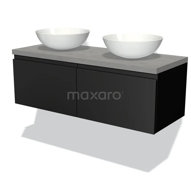 Schwarzes hängendes Badmöbel mit zwei weißen Aufsatzwaschbecken, graue Betonplatte, modernes Design für ein modernes Badezimmer.