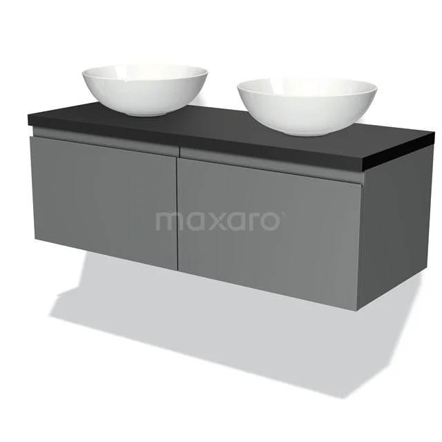 Graues hängendes Badmöbel mit schwarzer Platte, zwei runden weißen Aufsatzwaschbecken, modernes Design.