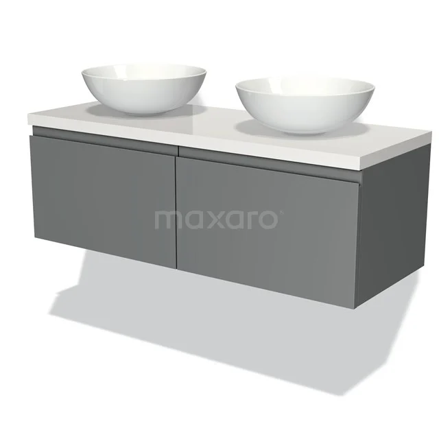 Badmöbel für Waschtischunterschrank mit Konsole 120cm Modulo Plato Mittelgrau 2 Schubladen Grifflos Hochglanz Weiß Platte BMK12-00145 Graue schwebende Badmöbelset mit zwei weißen Aufsatzwaschbecken auf einer schlichten weißen Platte, modernes Design.