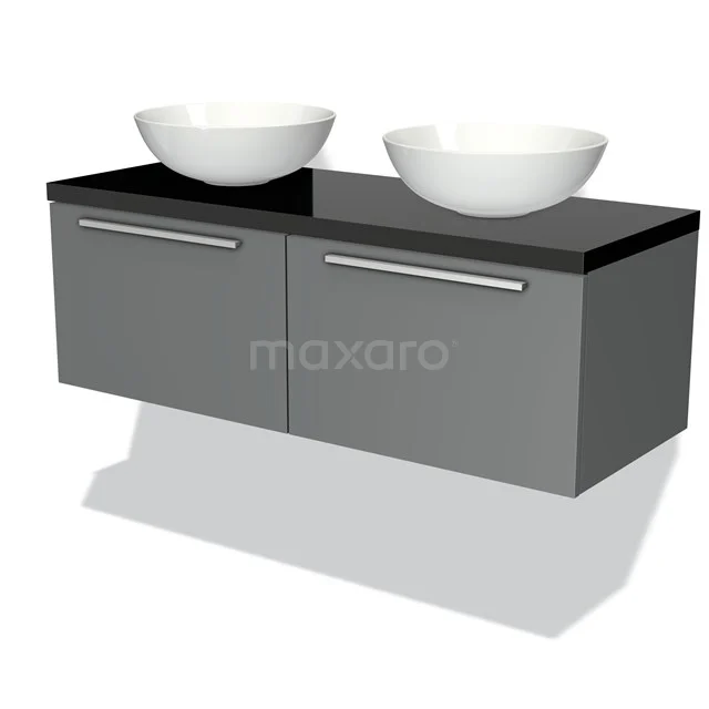 Graue Badmöbelset mit schwarzer Glas-Waschtischplatte und zwei weißen schalenförmigen Waschbecken, moderner Designstil.