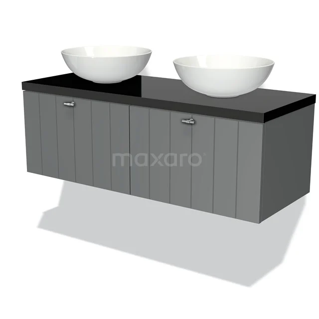 Graues Doppelwaschbeckenmöbel mit schwarzer Arbeitsplatte und zwei weißen Aufsatzwaschbecken, ideal für moderne Badezimmergestaltung.