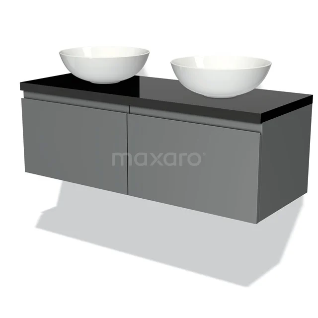 Grauer schwebender Badschrank mit schwarzer Oberplatte und zwei weißen Waschbecken, modernes Design für ein stilvolles Badezimmer.