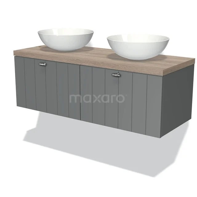 Modulo Plato Badmöbel mit Aufsatzwaschbecken | 120 cm Mittelgrau Lamelle front Eiche blatt 2 nebeneinanderliegende Schubladen BMK12-00156 Grauer Badschrank mit Holzoptik Platte und doppelten keramischen Aufsatzwaschbecken, ideal für ein stilvolles und funktionales Badezimmer.
