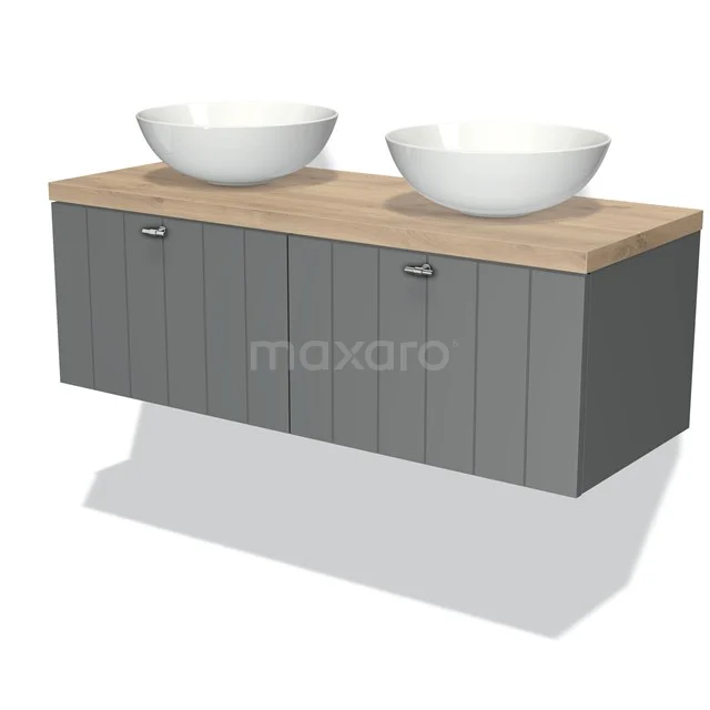 Badmöbel für Aufsatzwaschbecken 120cm Modulo Plato Mittelgrau 2 Schubladen Lamelle Hellbraune Eiche Platte BMK12-00162 Graue hängende Badmöbelset mit zwei runden weißen Aufsatzwaschbecken und einer Holzplatte, modernes Designstil.