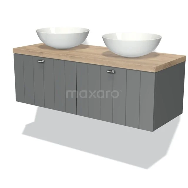 Graue hängende Badmöbelset mit zwei runden weißen Aufsatzwaschbecken und einer Holzplatte, modernes Designstil.