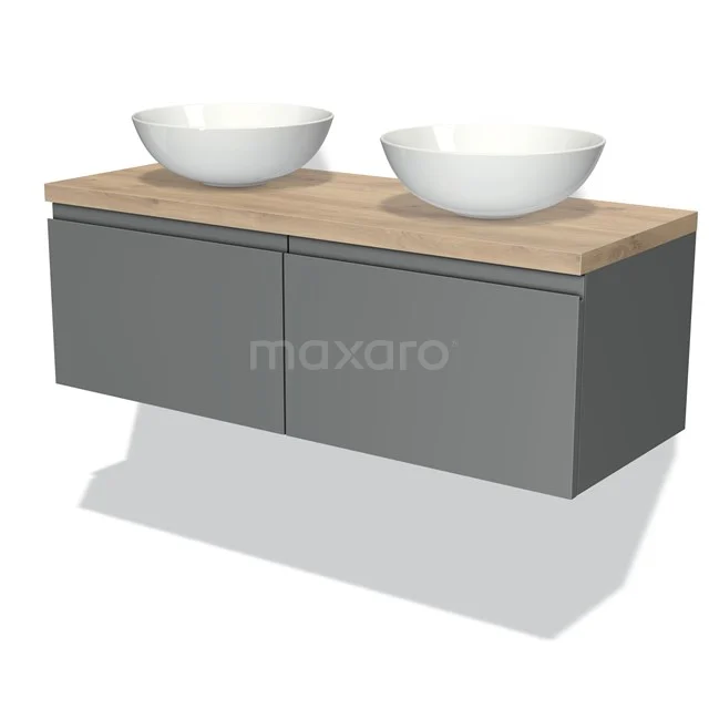 Graue hängende Badmöbelset mit Holzplatte und zwei weißen Waschbecken, modernes Design für stilvolle Bäder.