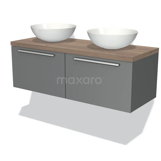 Grauer schwebender Badschrank mit Holzplatte und zwei weißen keramischen Aufsatzwaschbecken, modernes Design.
