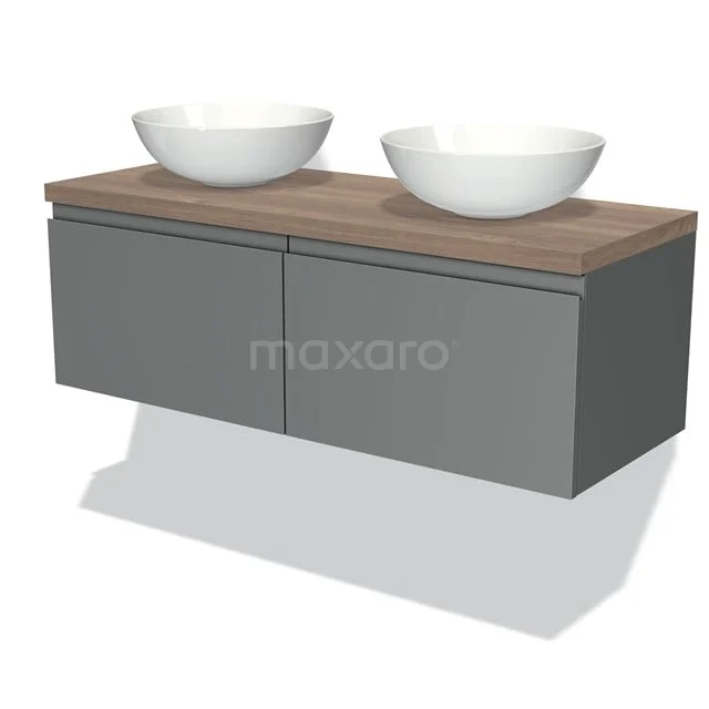 Grauer schwebender Badschrank mit Holzplatte, doppelten weißen Aufsatzwaschbecken, modernes Design.