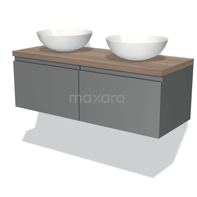 Grauer schwebender Badschrank mit Holzplatte, doppelten weißen Aufsatzwaschbecken, modernes Design.