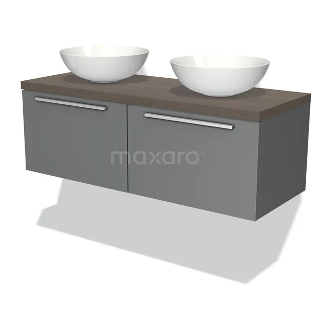 Grey bathroom furniture set with wood-look worktop and two white countertop wash basins, modern design, suitable for stylish bathrooms.