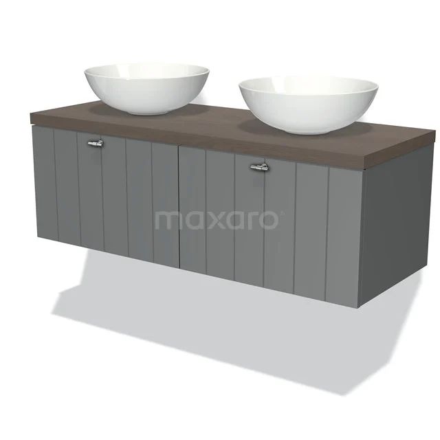 Grey wooden bathroom unit with dark brown worktop and two round white countertop wash basins, modern design for stylish bathrooms.