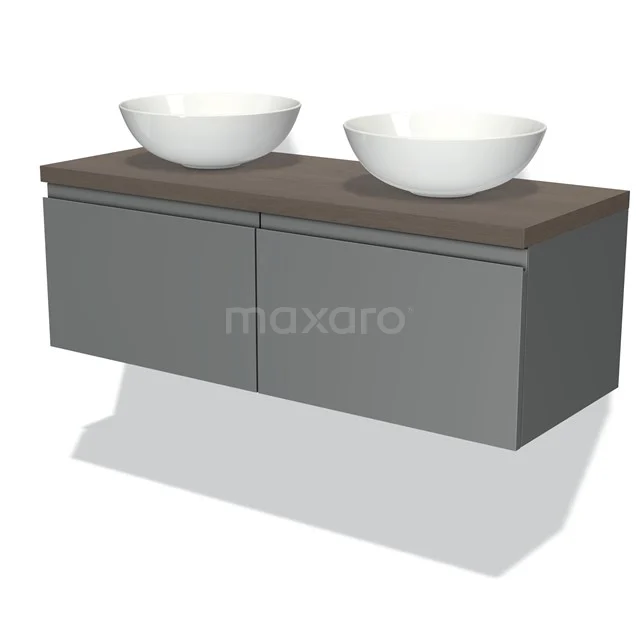 Grey modern washbasin set with wood-look worktop, two white bowl-shaped sinks; elegant bathroom design.