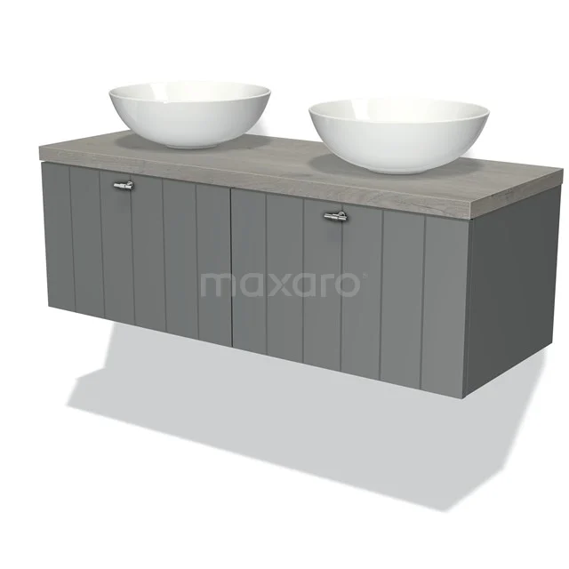 Graue Holz-Badmöbelset mit doppeltem Aufsatzwaschbecken, modernes Design, Wandmontage aus der Luxus Spa-Serie.