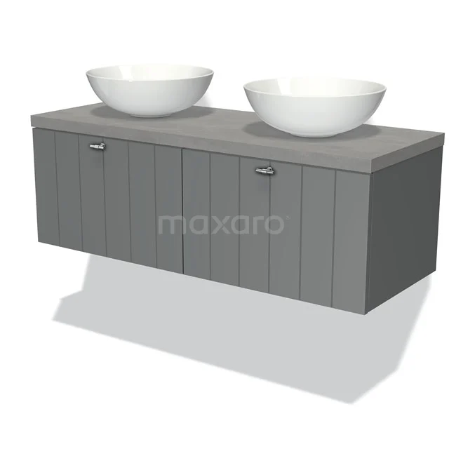 Graues doppeltes Badezimmermöbel mit Holzoptik, zwei Aufsatzwaschbecken und metallischen Haltegriffen, ideal für ein modernes Badezimmer.