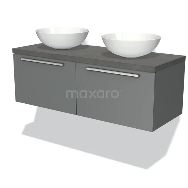 Graue Badmöbelset mit zwei weißen Aufsatzwaschbecken und metallischen Haltegriffen, modernes Design aus Holzmaterial.