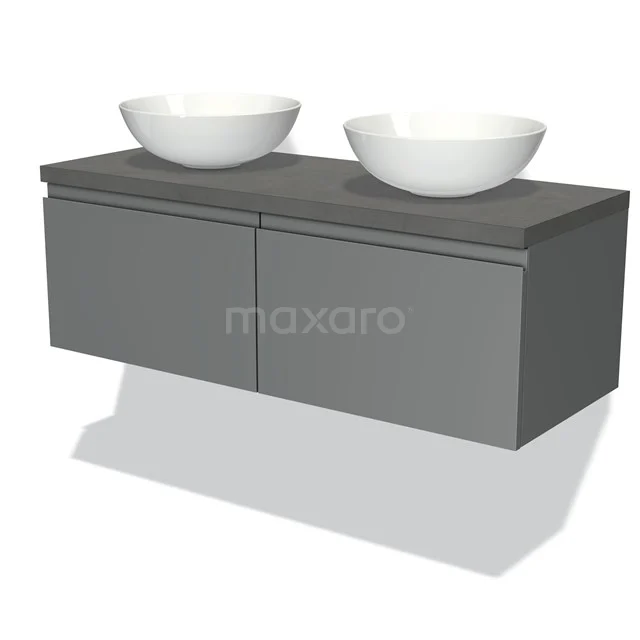 Modulo Plato Badmöbel mit Aufsatzwaschbecken | 120 cm Mittelgrau Grifflos front Dunkelgrauer Beton blatt 2 nebeneinanderliegende Schubladen BMK12-00178 Graue hängende Badmöbelset mit zwei weißen keramischen Aufsatzwaschbecken, klaren Designlinien und Softclose-Schubladen.