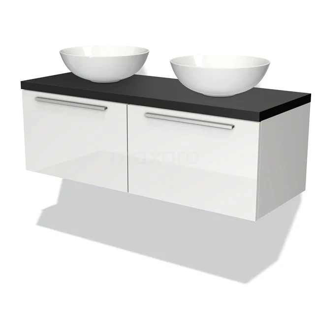 Waschtischunterschrank mit Konsole 120cm Modulo Plato Hochglanz Weiß 2 Schubladen Flach Matt Schwarz Platte BMK12-00179 Weißes schwebendes Badmöbel mit doppelter schwarzer Waschtischplatte und runden Aufsatzwaschbecken, moderne glänzende Oberfläche.