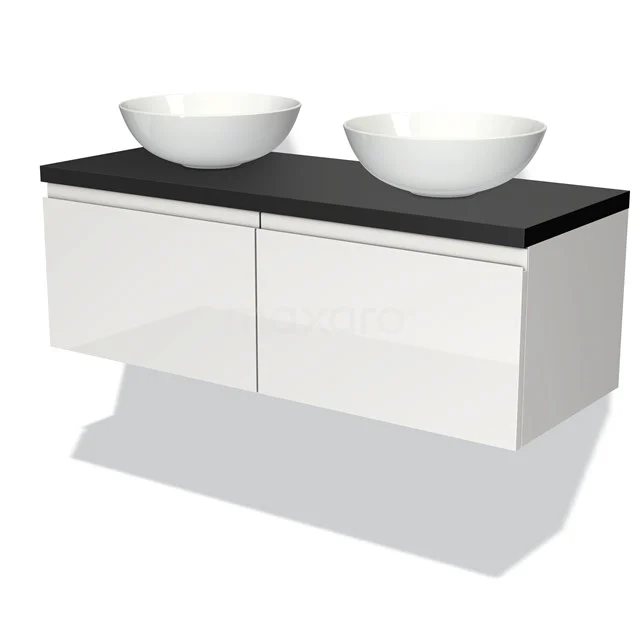 Weißes hängendes Badmöbel mit schwarzer Waschtischplatte und zwei Aufsatzwaschbecken, modernes Design, ideal für zeitgemäße Bäder.