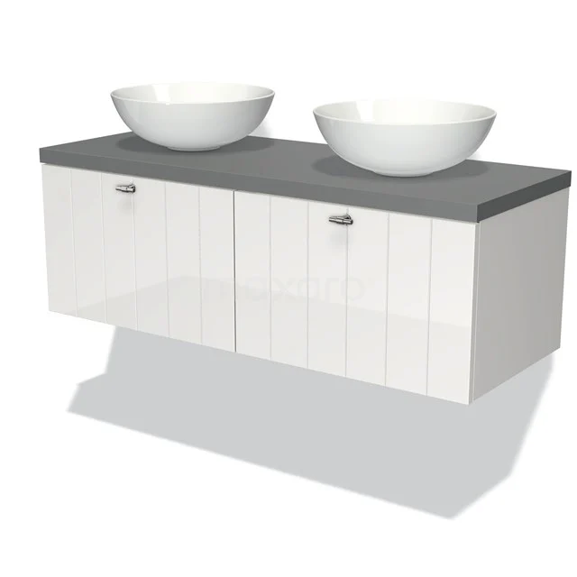 Weißes schwebendes Badmöbel mit grauer Platte und zwei runden Aufsatzwaschbecken, modernes Design aus hochwertigem Material.