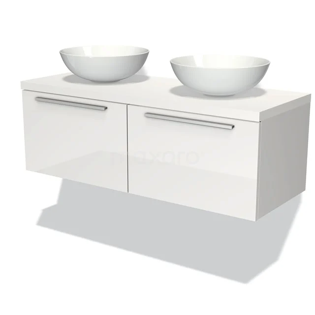 Weiße hängende Badmöbelset mit zwei keramischen Aufsatzwaschbecken, schlichten Schubladen, modernem Design, ideal für stilvolle Bäder.