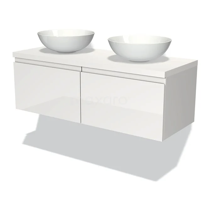 Modulo Plato Vanity units for countertop basin | 120 cm High-gloss white Handle-less front Matte white worktop 2 Side-by-side drawers BMK12-00187