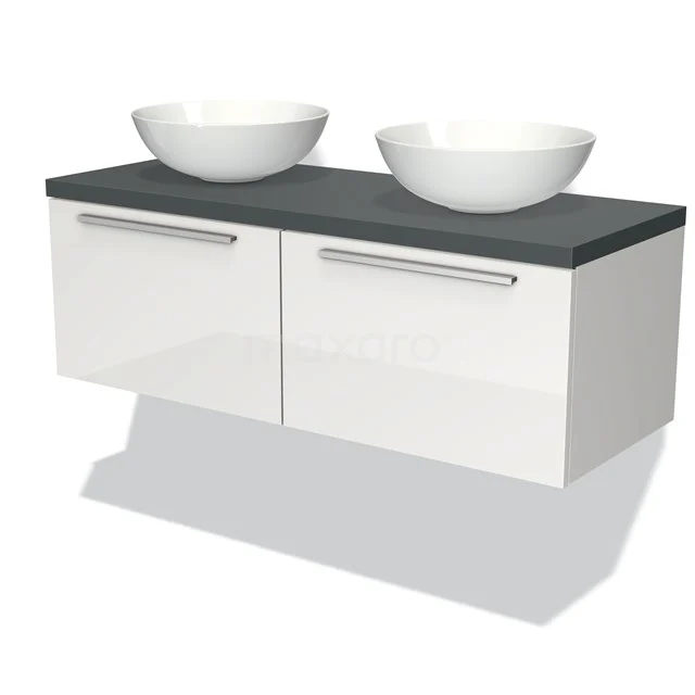 Weißes schwebendes Badezimmermöbel mit schwarzer Platte, doppelten runden Aufsatzwaschbecken und Chrom Haltegriffen, modernes Design.