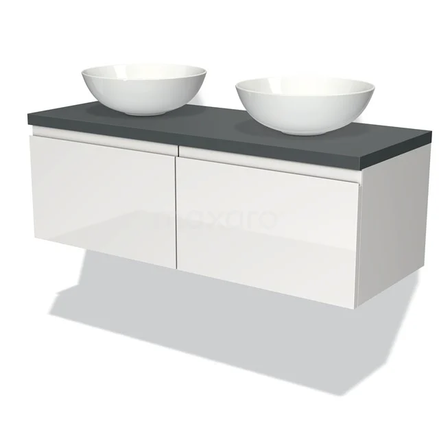 Wandhängendes Badmöbel in Hochglanz Weiß mit anthrazitfarbenem Platte und zwei runden Waschbecken, modernes Design.