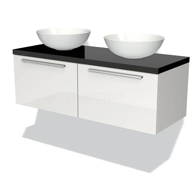Waschtischunterschrank mit Konsole 120cm Modulo Plato Hochglanz Weiß 2 Schubladen Flach Hochglanz Schwarz Platte BMK12-00191 Weiße Badmöbelset mit doppelten Aufsatzwaschbecken und schwarzer Glasplatte, modernes Design, ideal für zeitgenössische Bäder.