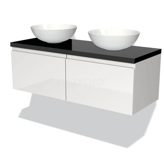 Weißes hängendes Badezimmermöbel mit schwarzer Oberseite und zwei runden Aufsatzwaschbecken, modernes Design, perfekt für ein modernes Badezimmer.