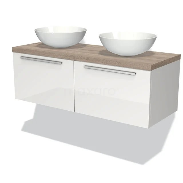 Modulo Plato Badmöbel mit Aufsatzwaschbecken | 120 cm Hochglanz Weiß Flach front Eiche blatt 2 nebeneinanderliegende Schubladen BMK12-00194 Weißes Hochglanz-Badmöbel mit zwei Aufsatzwaschbecken, Holzplatte und verchromten Haltegriffen, moderner Stil.