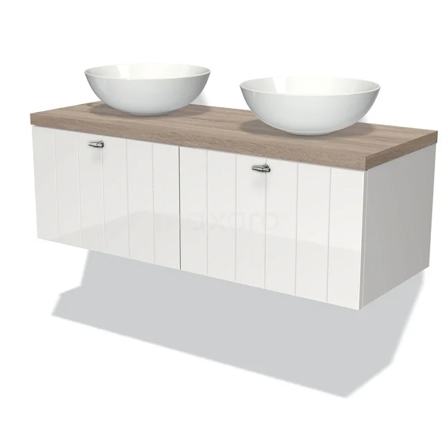 White suspended bathroom unit with wood-look worktop and two round basins, modern design for stylish bathrooms.