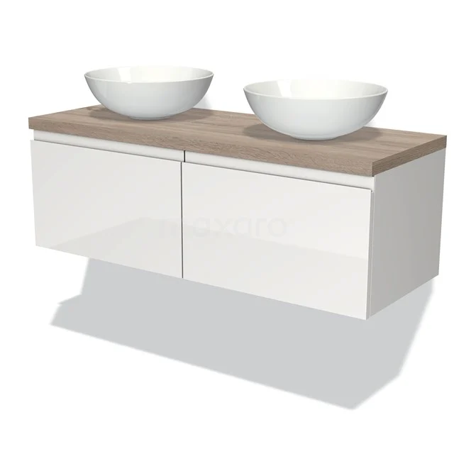 Modulo Plato Vanity units for countertop basin | 120 cm High-gloss white Handle-less front Oak worktop 2 Side-by-side drawers BMK12-00196