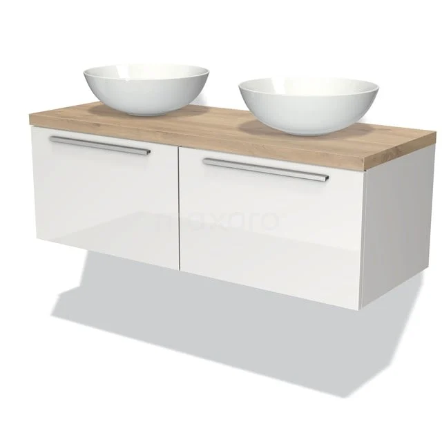 Badmöbel für Waschtischunterschrank mit Konsole 120cm Modulo Plato Hochglanz Weiß 2 Schubladen Flach hellbraune Eiche Platte BMK12-00200 Weißes hängendes Badmöbel mit zwei Aufsatzwaschbecken, Holzplatte und verchromten Haltegriffen, ideal als moderne Badezimmerlagerung.